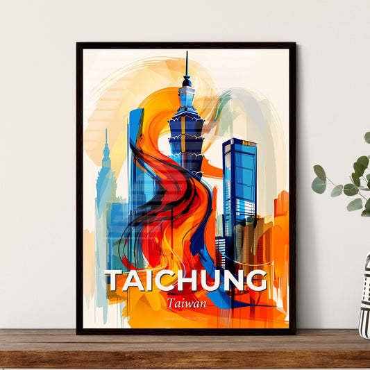 Vibrant Taichung, Taiwan - A Painting Of A City With A Tall Tower And A Fire