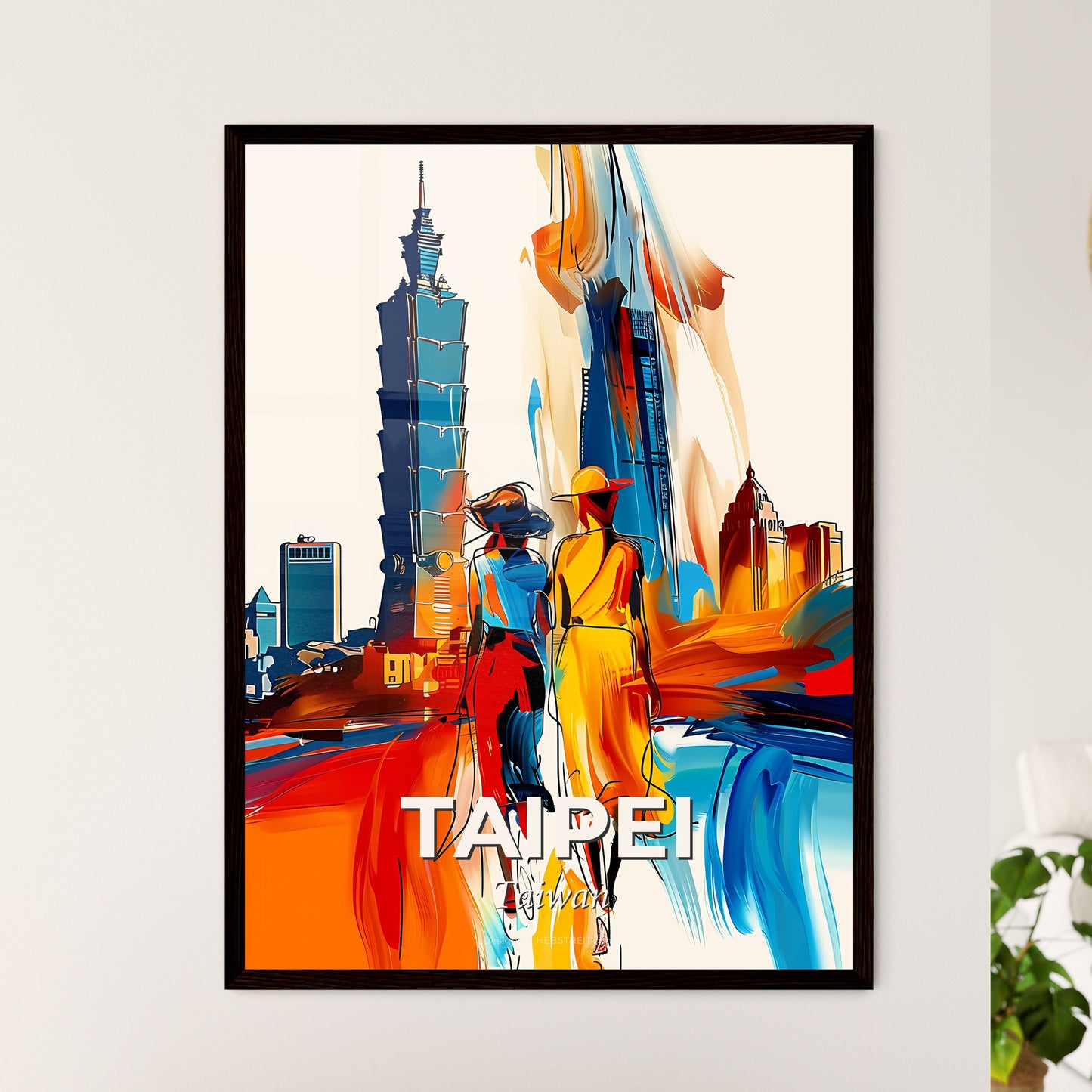 Vibrant Taipei, Taiwan - A Painting Of Two Women Walking In A City