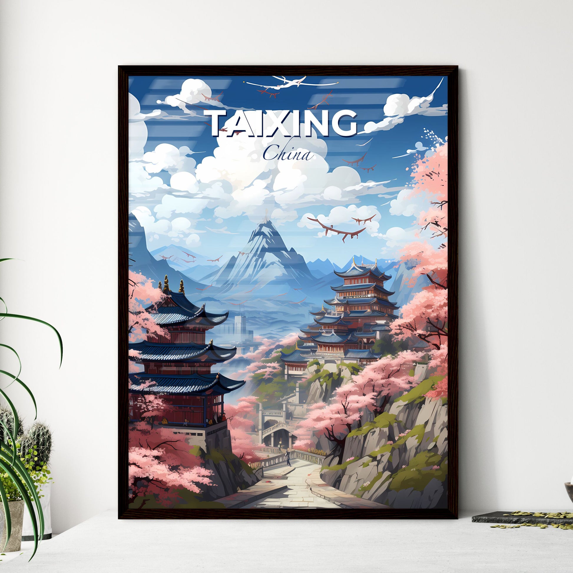 Artistic Landscape Painting: Taixing China Skyline with Pagoda and Vibrant Pink Flowers Default Title