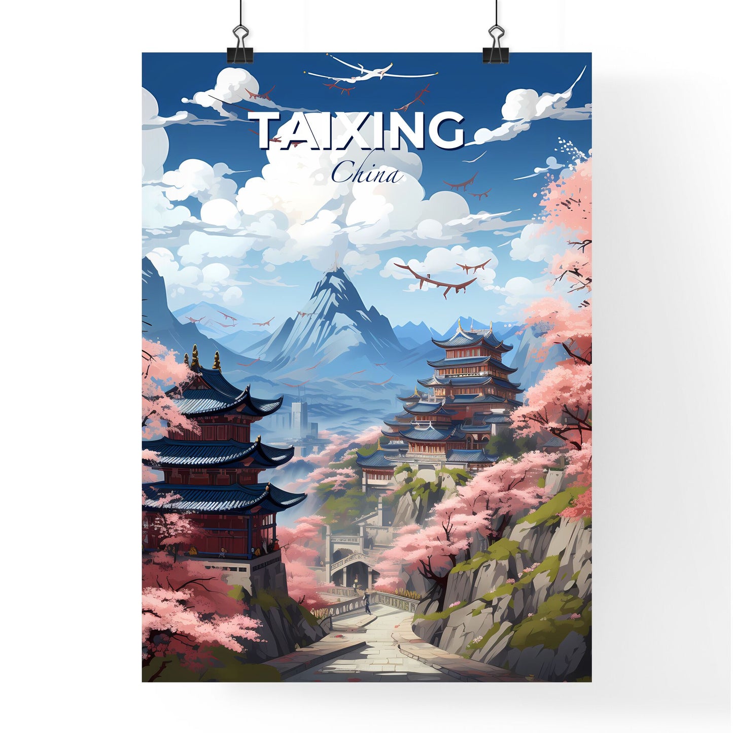 Artistic Landscape Painting: Taixing China Skyline with Pagoda and Vibrant Pink Flowers Default Title