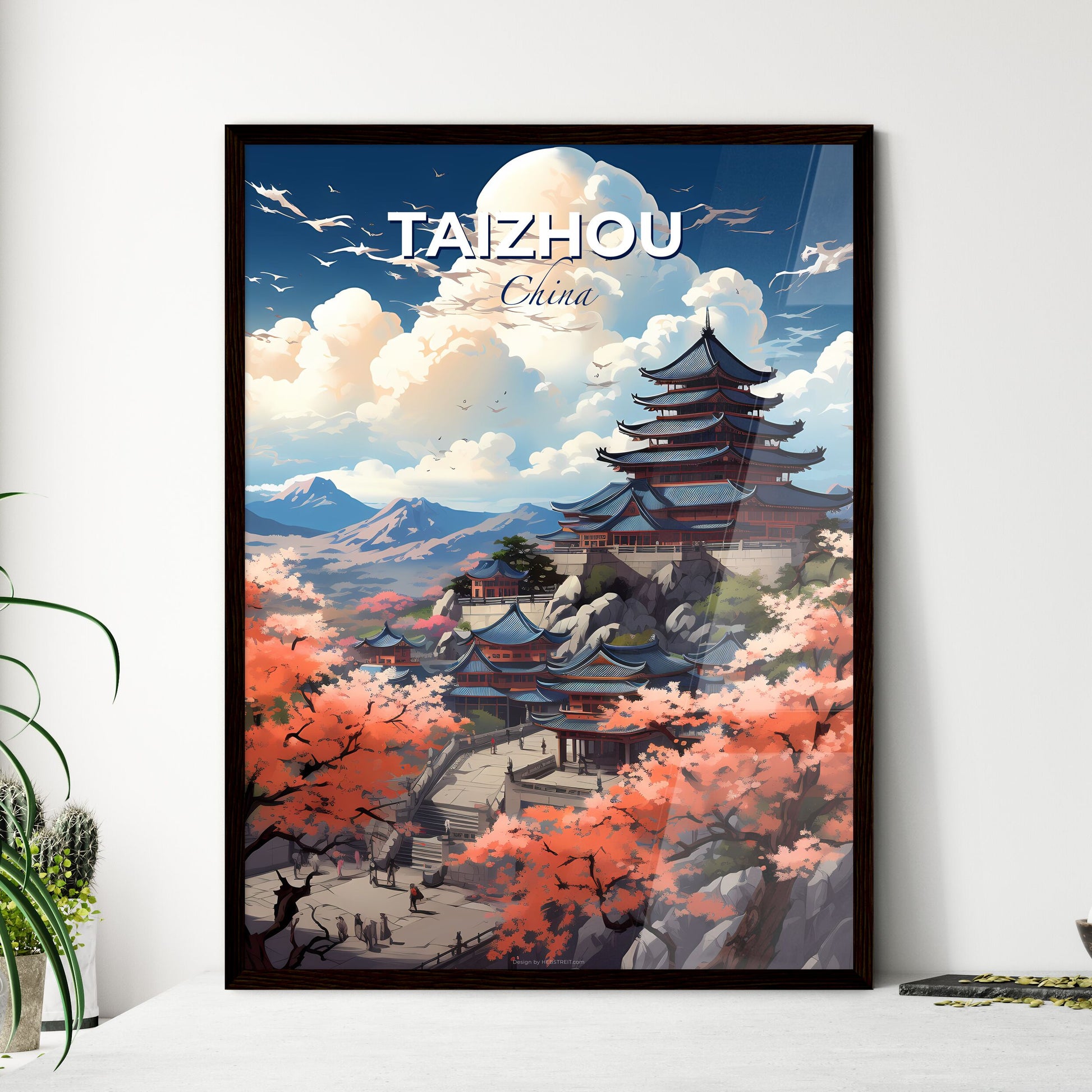 Vibrant Painting Depicting Architectural Skyline with Pagoda, Mountain, and Pink Cherry Blossoms in Taizhou China Default Title