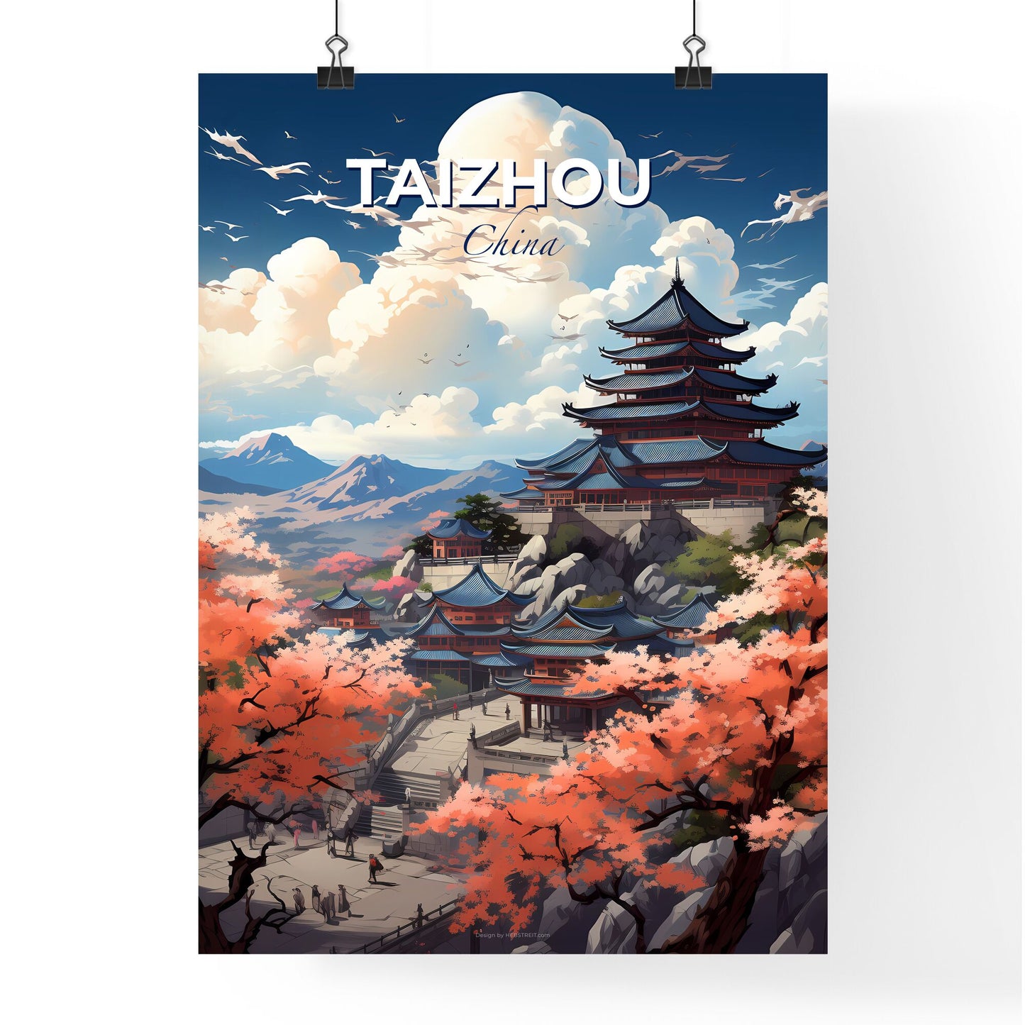 Vibrant Painting Depicting Architectural Skyline with Pagoda, Mountain, and Pink Cherry Blossoms in Taizhou China Default Title