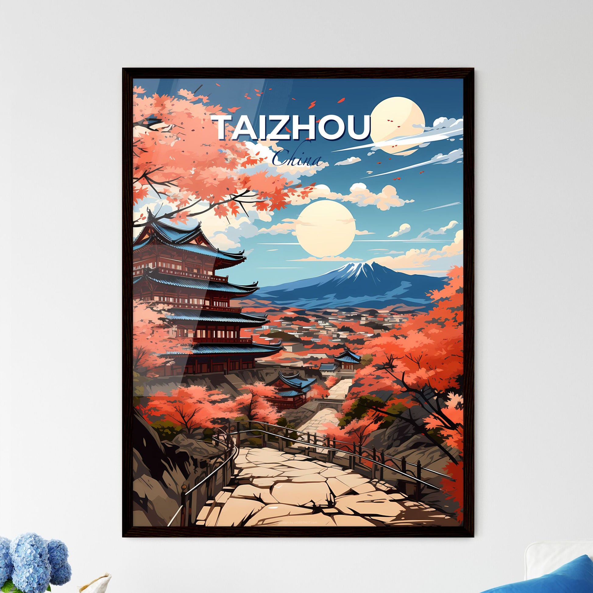 Taizhou China Skyline Painting - Vibrant Cityscape with Pagoda and Mountain View Default Title