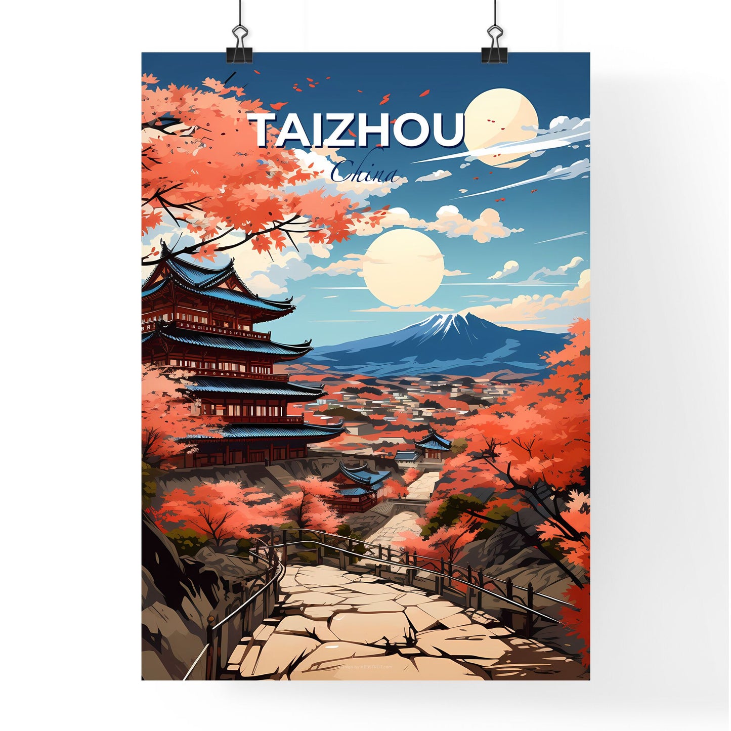 Taizhou China Skyline Painting - Vibrant Cityscape with Pagoda and Mountain View Default Title