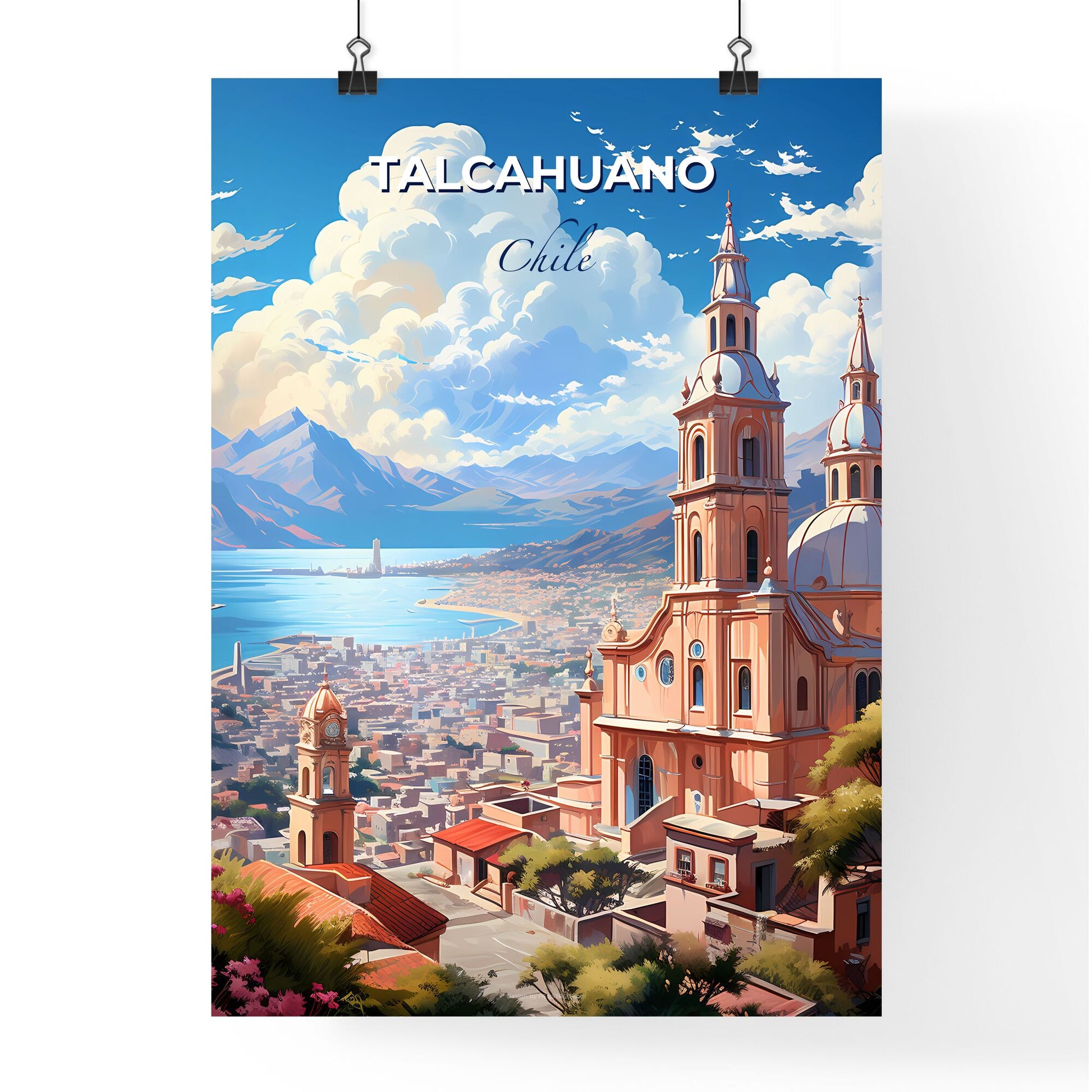 Talcahuano, Chile vibrant skyline painting, featuring a stunning large building with towers and a cityscape backdrop, showcasing the city's vibrant art scene Default Title