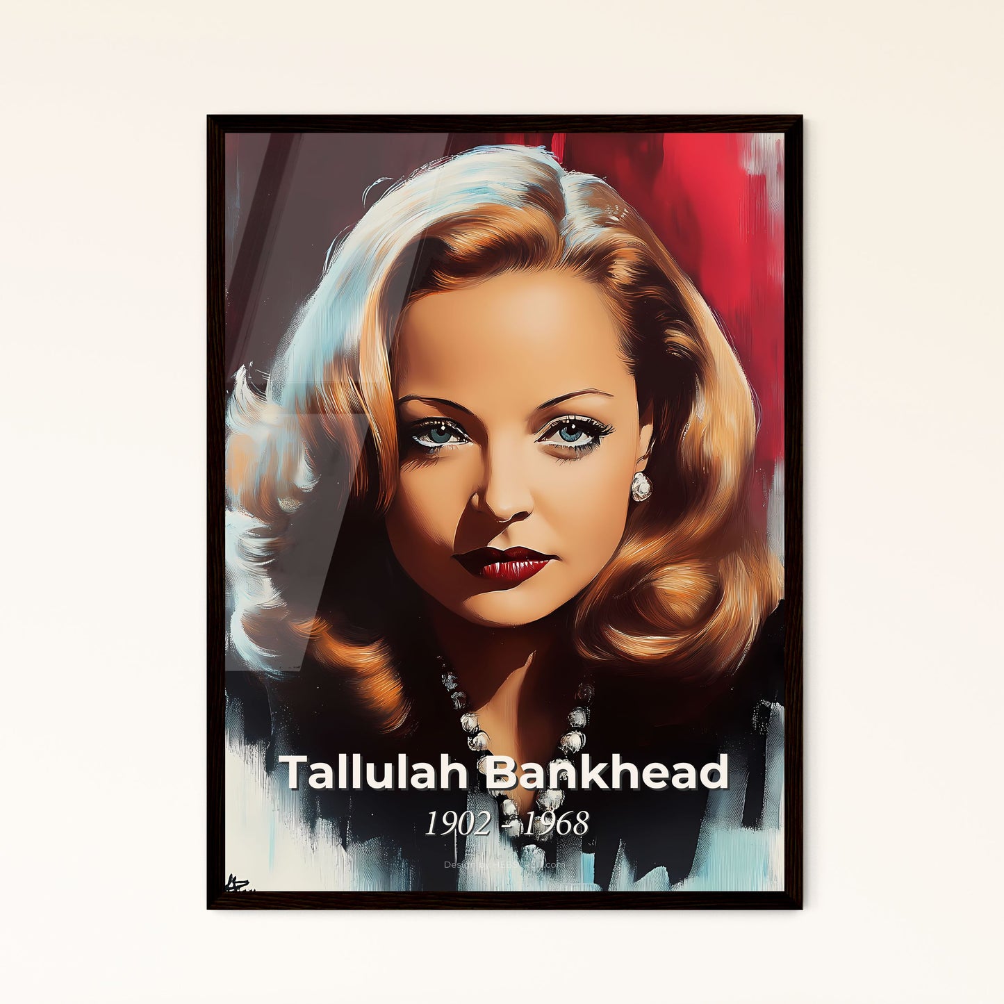 Portrait of Tallulah Bankhead, 1902 - 1968. Impressionistic painting of a woman with red hair and a pearl necklace.