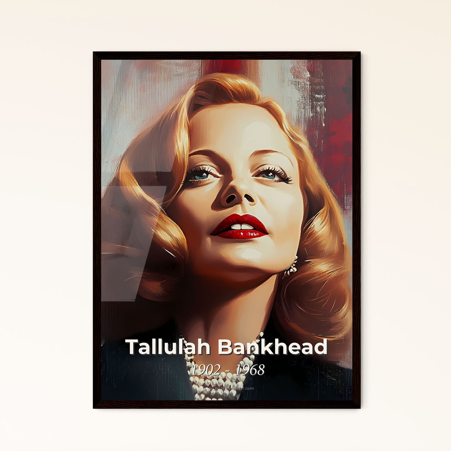 Portrait of Tallulah Bankhead, 1902 - 1968. Impressionistic painting of a woman with red lips and red lipstick.