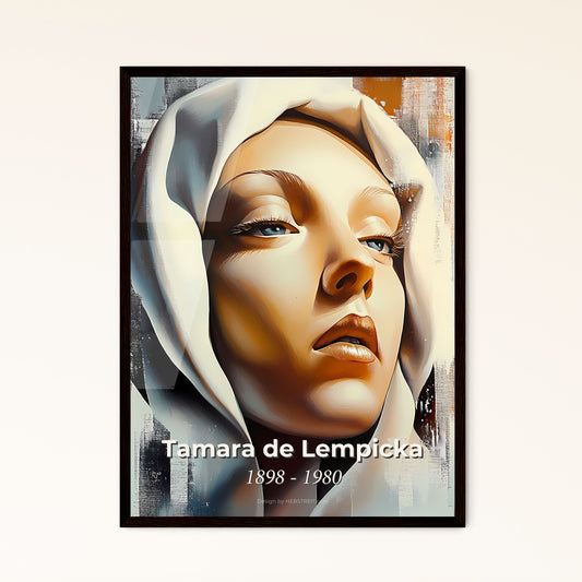 Portrait of Tamara de Lempicka, 1898 - 1980. Impressionistic painting of a woman with a white head covering.