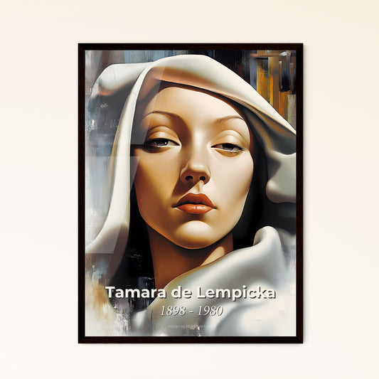 Portrait of Tamara de Lempicka, 1898 - 1980. Impressionistic painting of a painting of a woman's face.