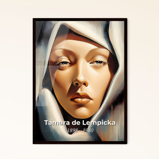 Portrait of Tamara de Lempicka, 1898 - 1980. Impressionistic painting of a woman's face with a white cloth covering her head.