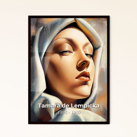 Portrait of Tamara de Lempicka, 1898 - 1980. Impressionistic painting of a woman with her eyes closed.