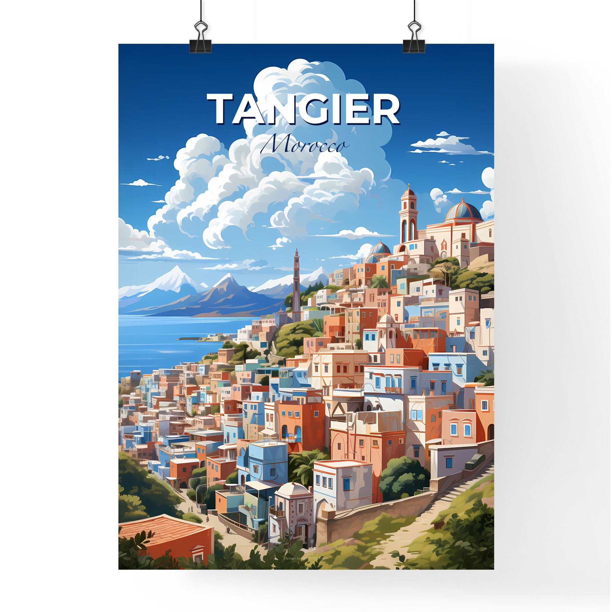 Colorful Art Cityscape of Tangier Morocco, Hilltop City by the Sea Default Title