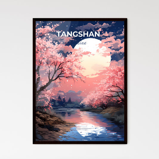 Chinese Painting Art of Tangshan City Skyline River Pink Trees Full Moon Default Title