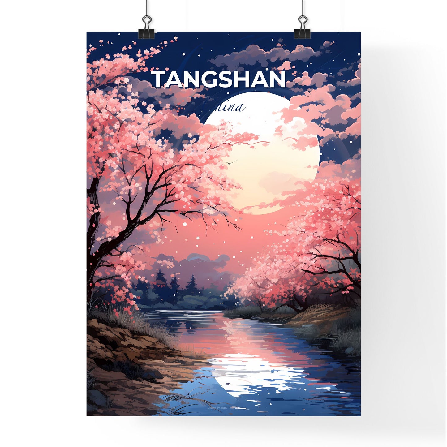 Chinese Painting Art of Tangshan City Skyline River Pink Trees Full Moon Default Title