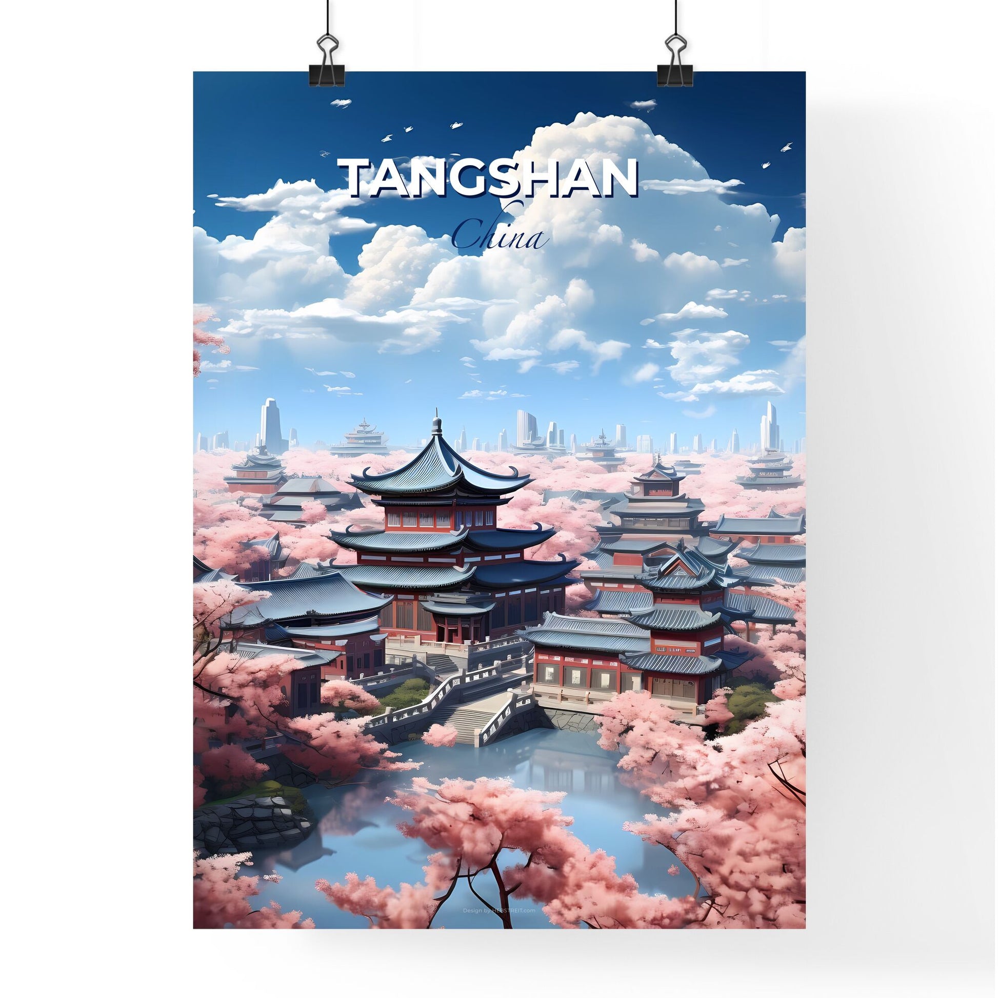 Tangshan City Skyline Art Print, Vibrant Painting Depicting Architecture, Trees, and Urban Landscape Default Title