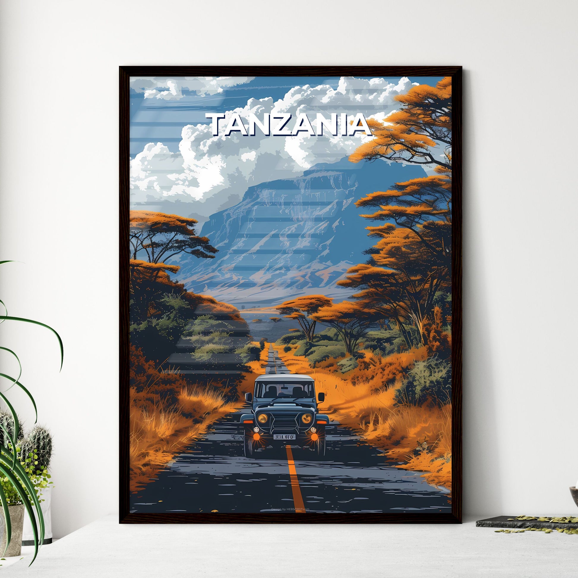 Vibrant Tanzania Painting: Scenic Mountain Road with Car and Lush Trees