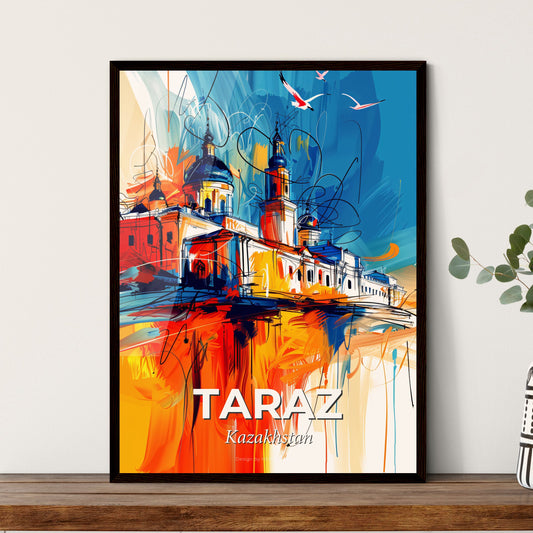 Vibrant Taraz, Kazakhstan - A Painting Of A Building With Birds Flying In The Sky