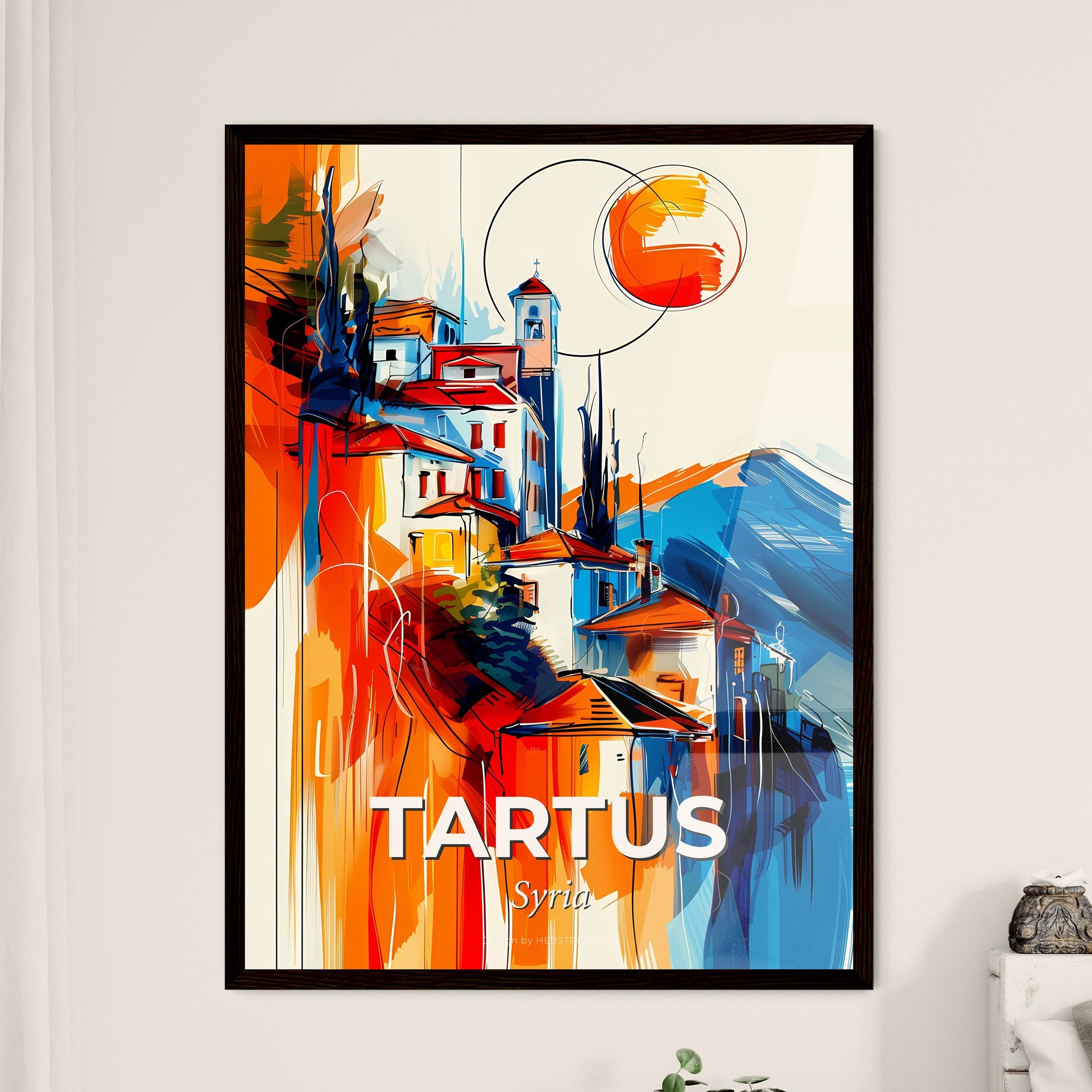 Vibrant Tartus, Syria - A Painting Of Buildings And Mountains