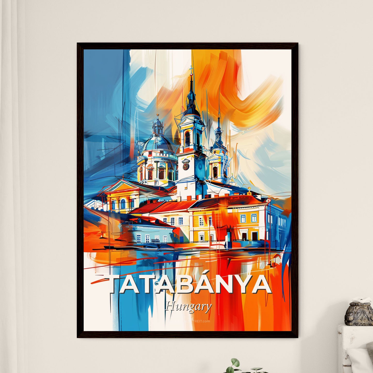 Vibrant Tatabánya, Hungary - A Painting Of A Building With A Tower