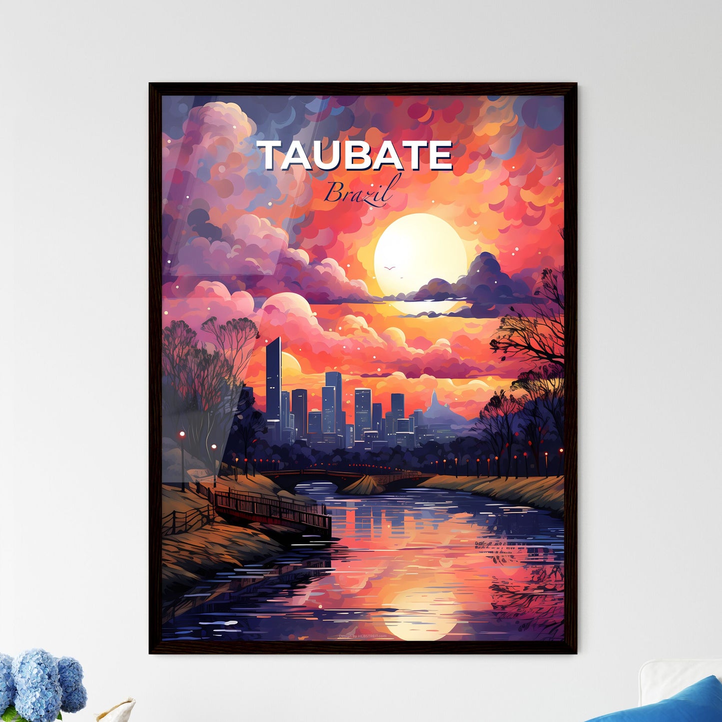 Vibrant Painting of Taubate Brazil Skyline Featuring River, Bridge, Trees, and City Default Title