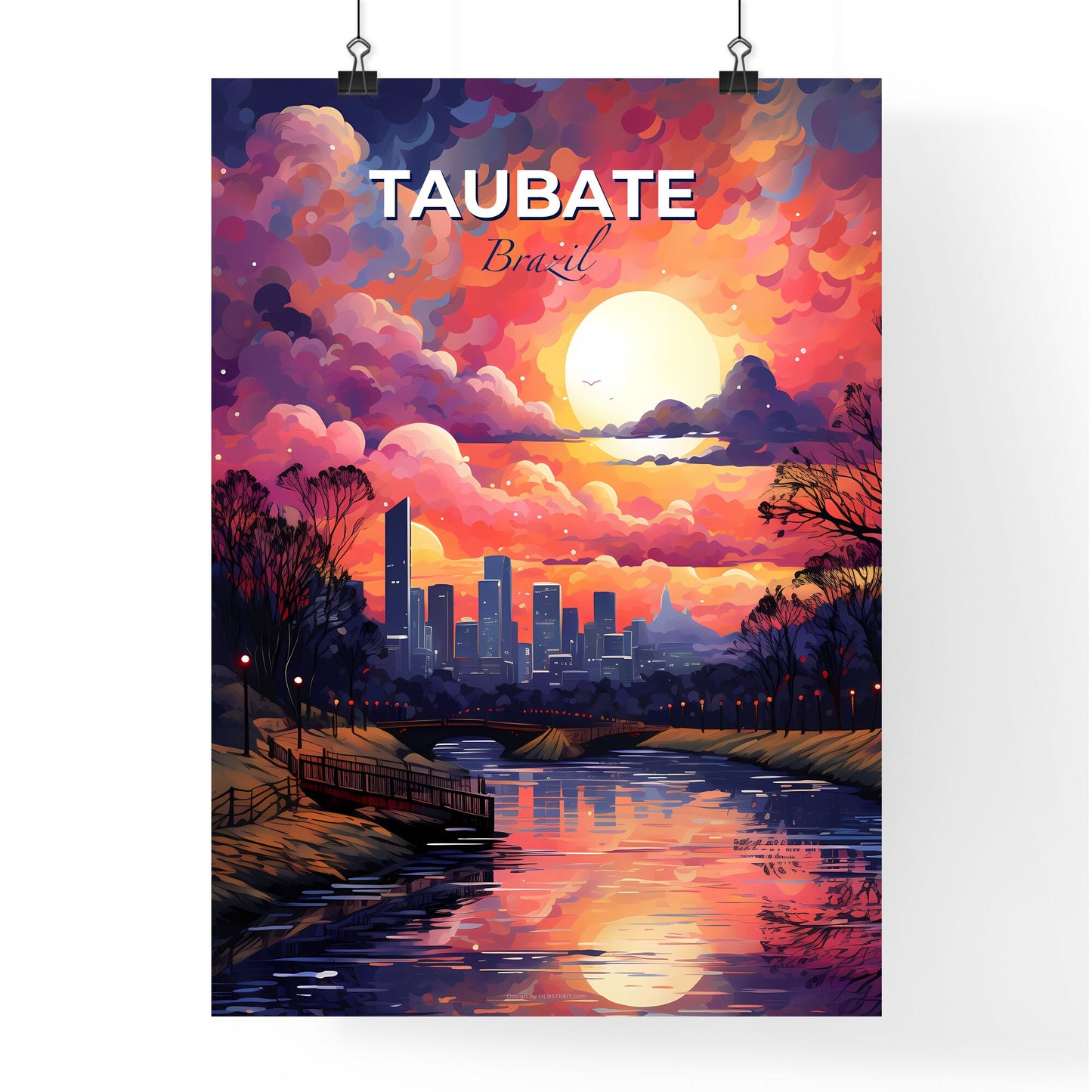 Vibrant Painting of Taubate Brazil Skyline Featuring River, Bridge, Trees, and City Default Title