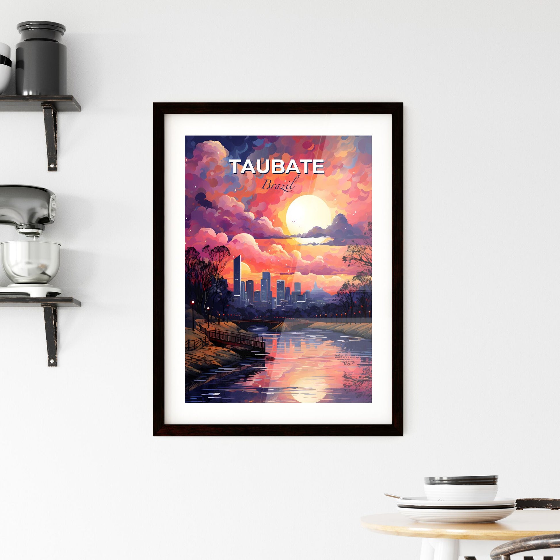 Vibrant Painting of Taubate Brazil Skyline Featuring River, Bridge, Trees, and City Default Title