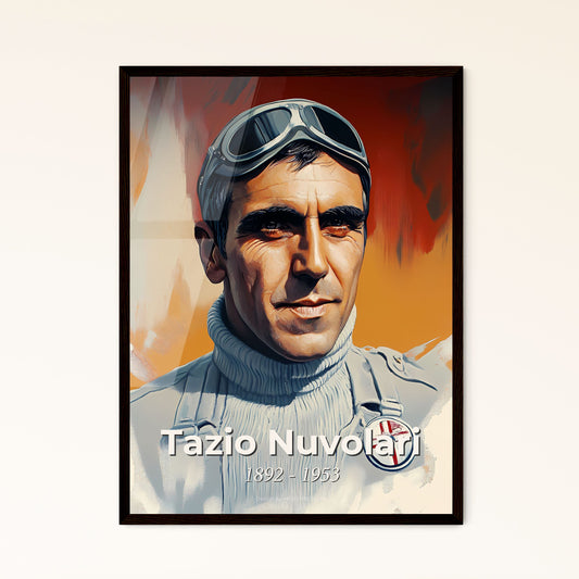 Portrait of Tazio Nuvolari, 1892 - 1953. Impressionistic painting of a man wearing goggles and a white turtleneck.