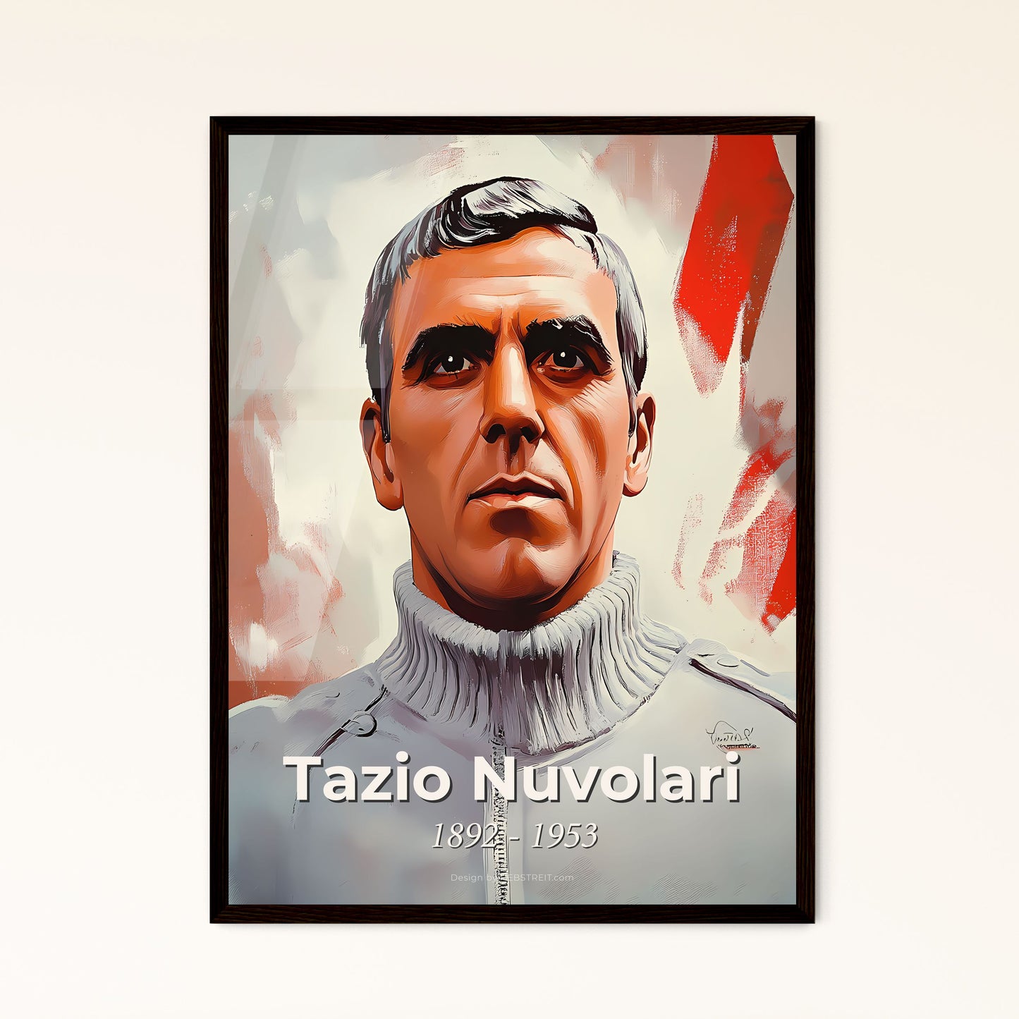 Portrait of Tazio Nuvolari, 1892 - 1953. Impressionistic painting of a man in a white jacket.