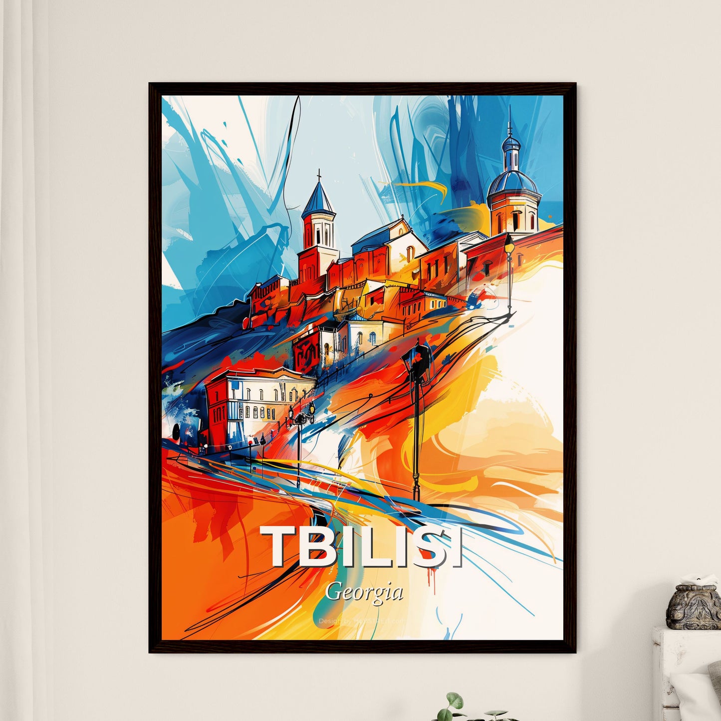 Vibrant Tbilisi, Georgia - A Painting Of A Town On A Hill