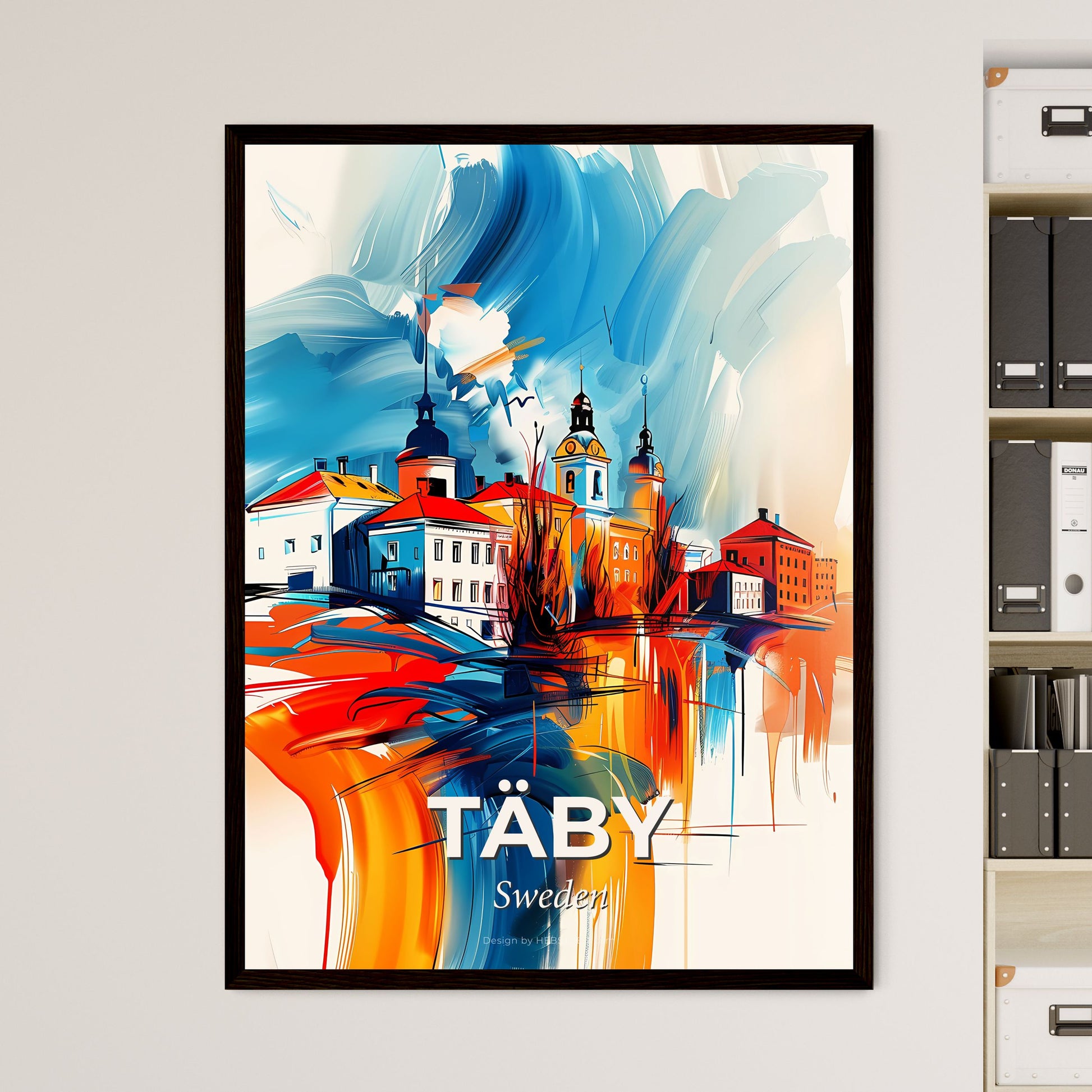 Vibrant Täby, Sweden - A Painting Of Buildings And A Colorful Sky