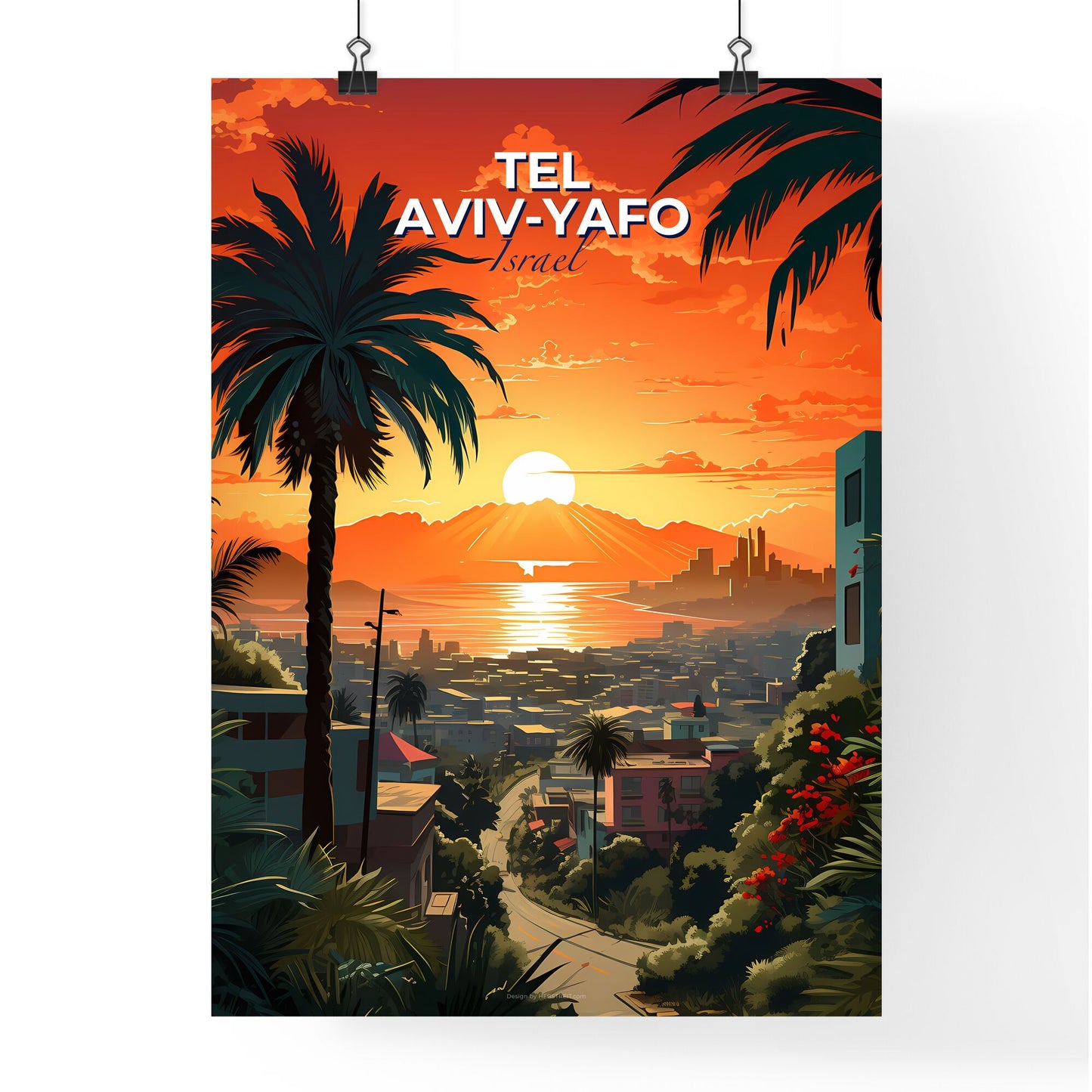 Vibrant Artistic Skyline Sunset Painting of Tel Aviv-Yafo Israel City Default Title