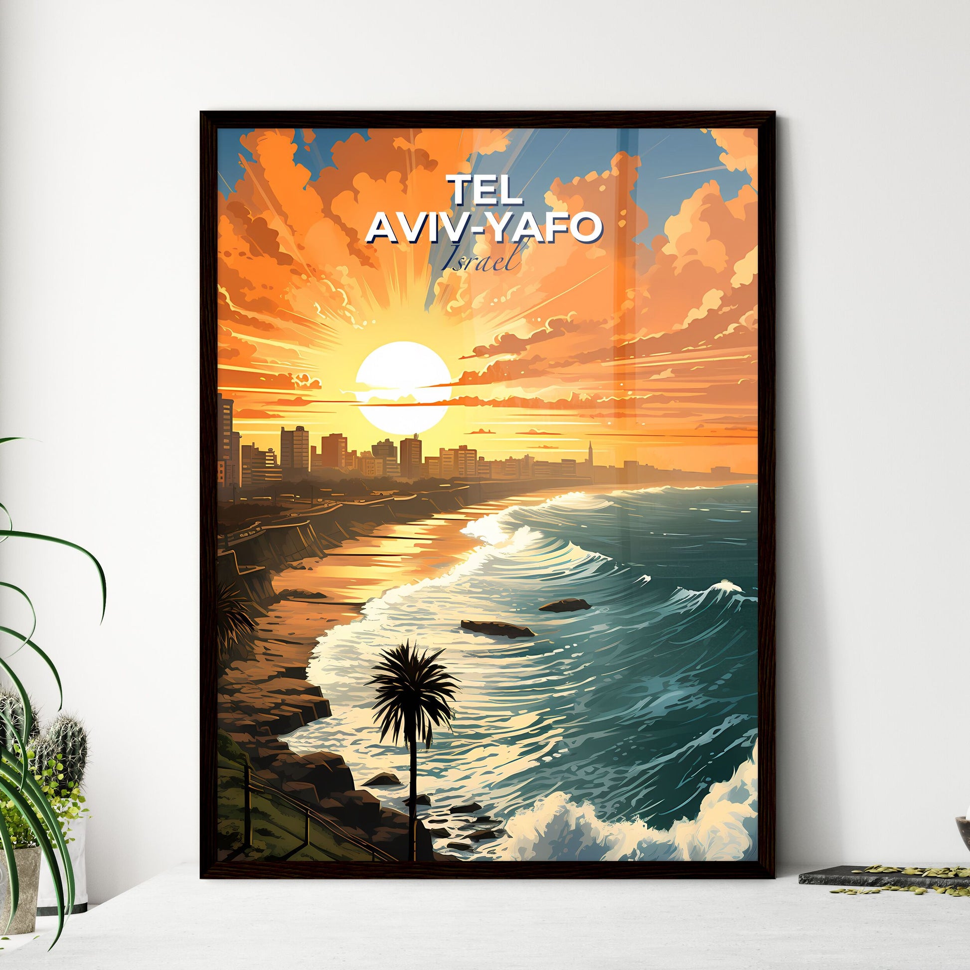 Tel Aviv-Yafo Israel Skyline at Sunset Over Beach Artistic Painting Modern Art Default Title