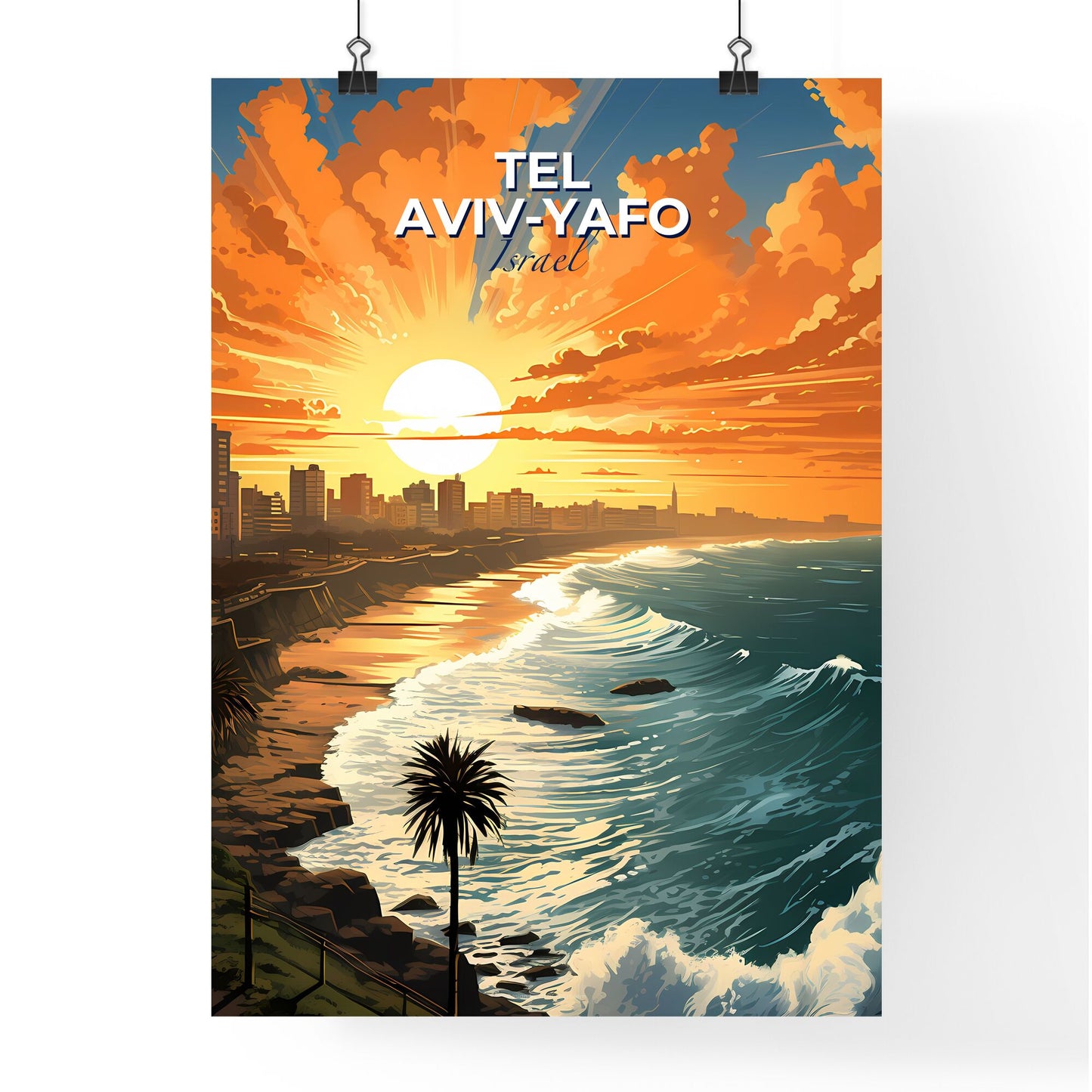 Tel Aviv-Yafo Israel Skyline at Sunset Over Beach Artistic Painting Modern Art Default Title