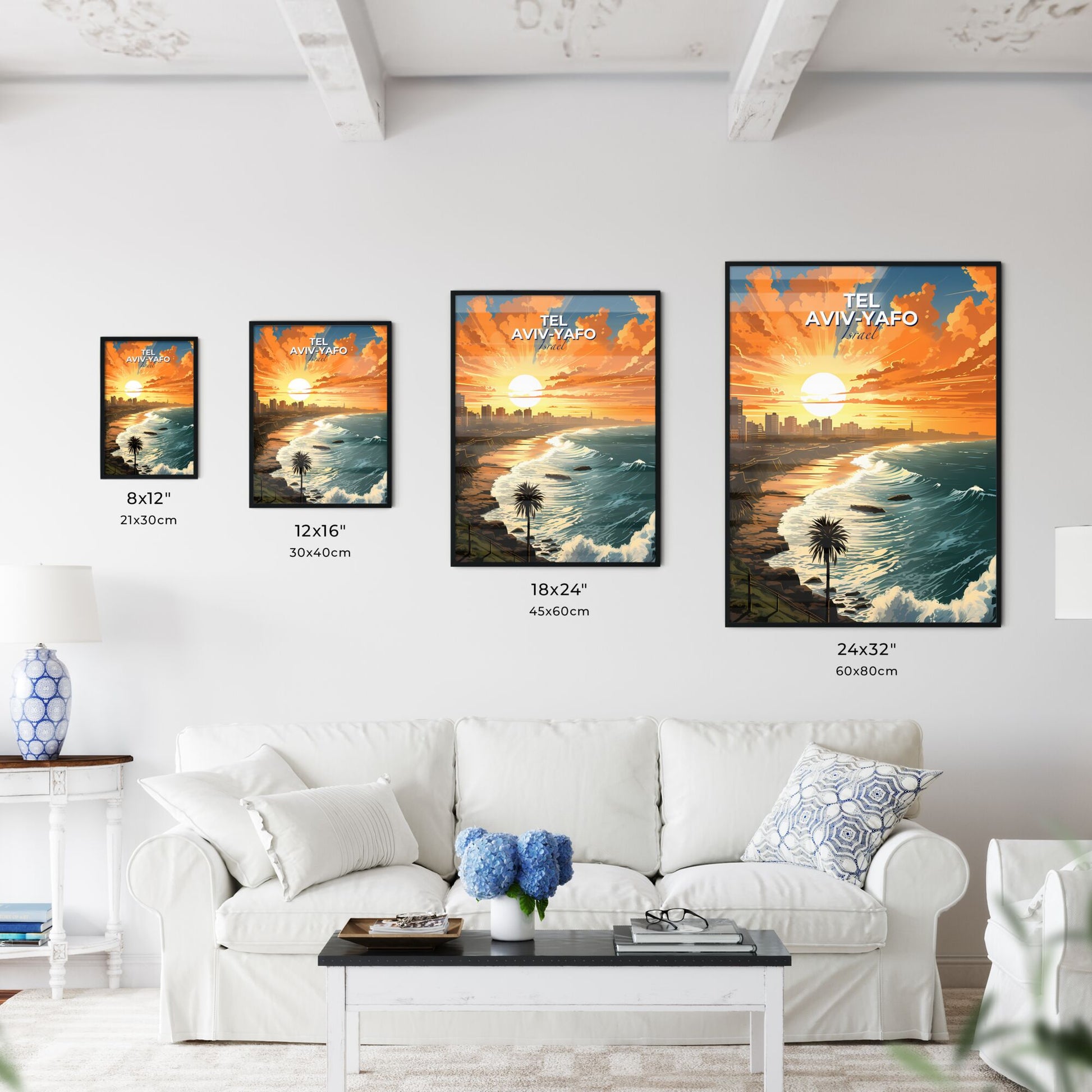 Tel Aviv-Yafo Israel Skyline at Sunset Over Beach Artistic Painting Modern Art Default Title