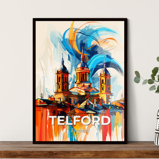 Vibrant Telford, England - A Painting Of A Building With Towers And A Colorful Background