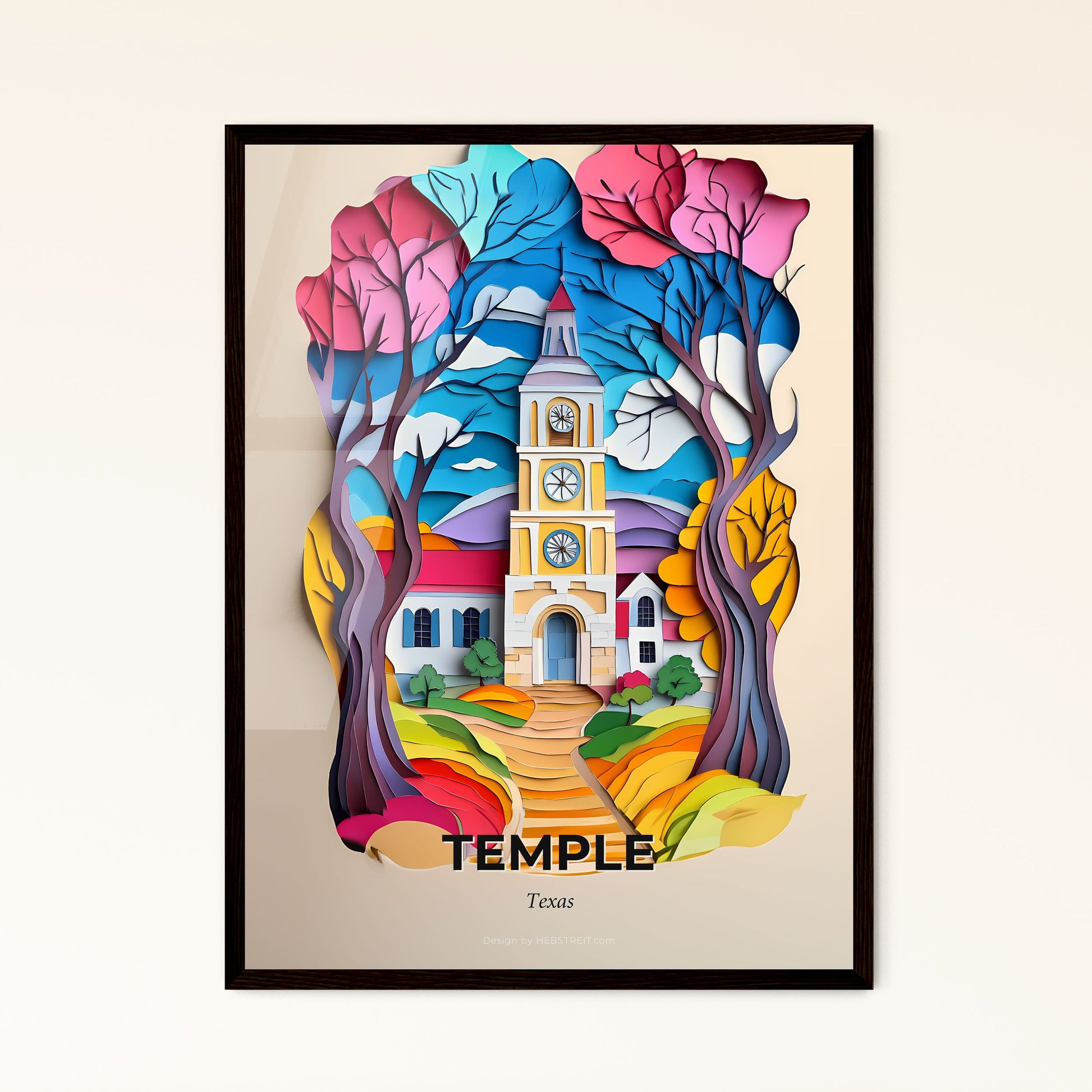 Vivid Temple, Texas - a paper cut of a church with a clock tower