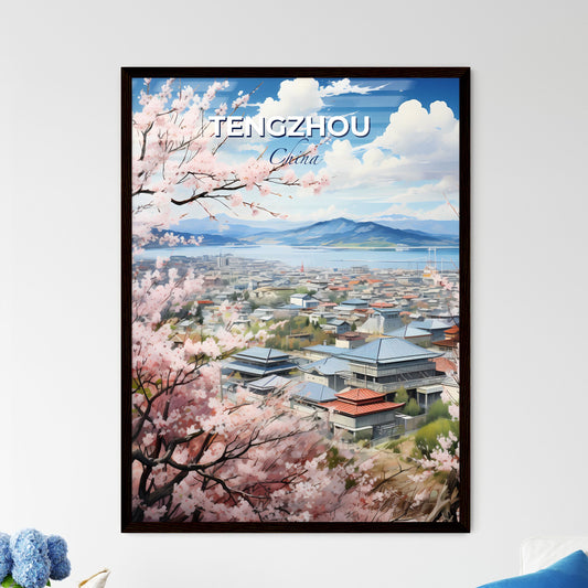 Tengzhou City Skyline Painting with Colorful Architecture and Pink Flowering Trees Art Default Title