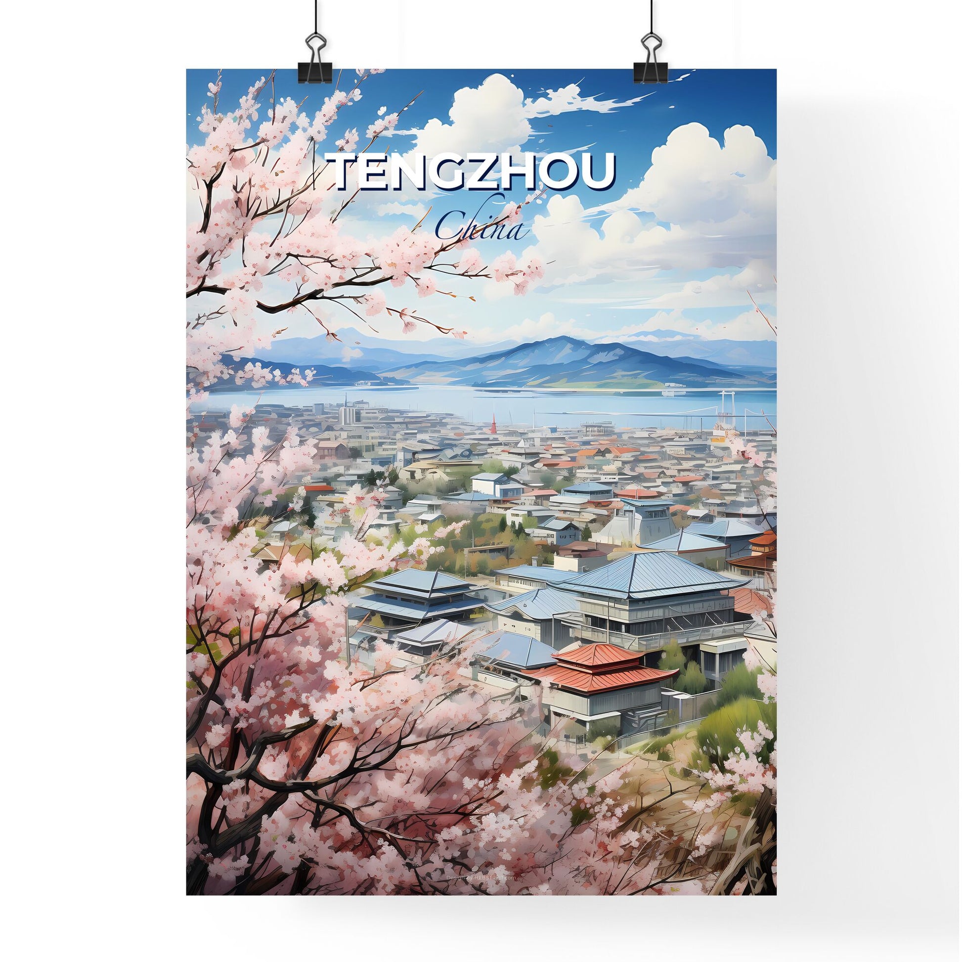 Tengzhou City Skyline Painting with Colorful Architecture and Pink Flowering Trees Art Default Title