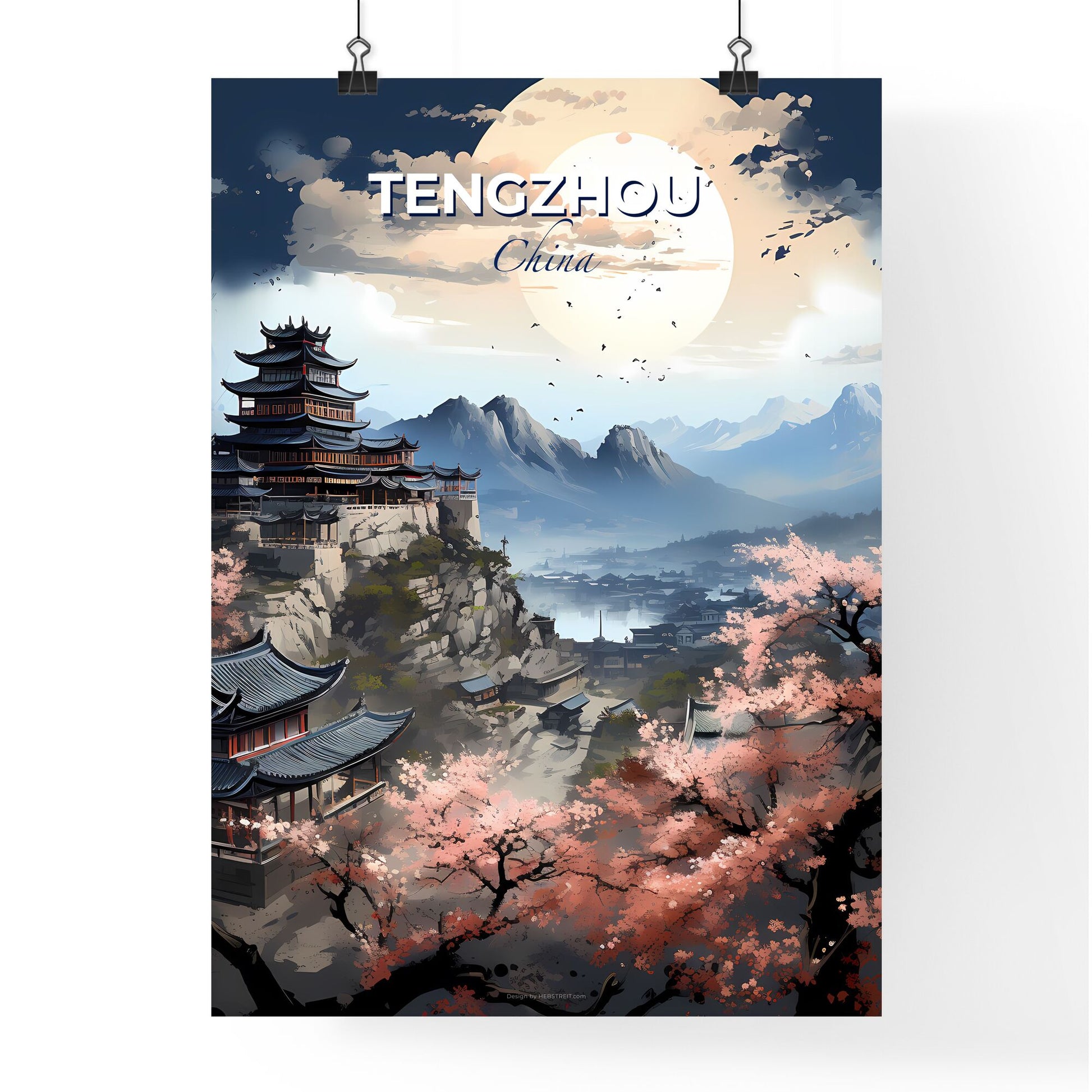 Tengzhou China Skyline - Vibrant Painting of a Towering Cliff Building Amidst Mountains and Verdant Foliage Default Title