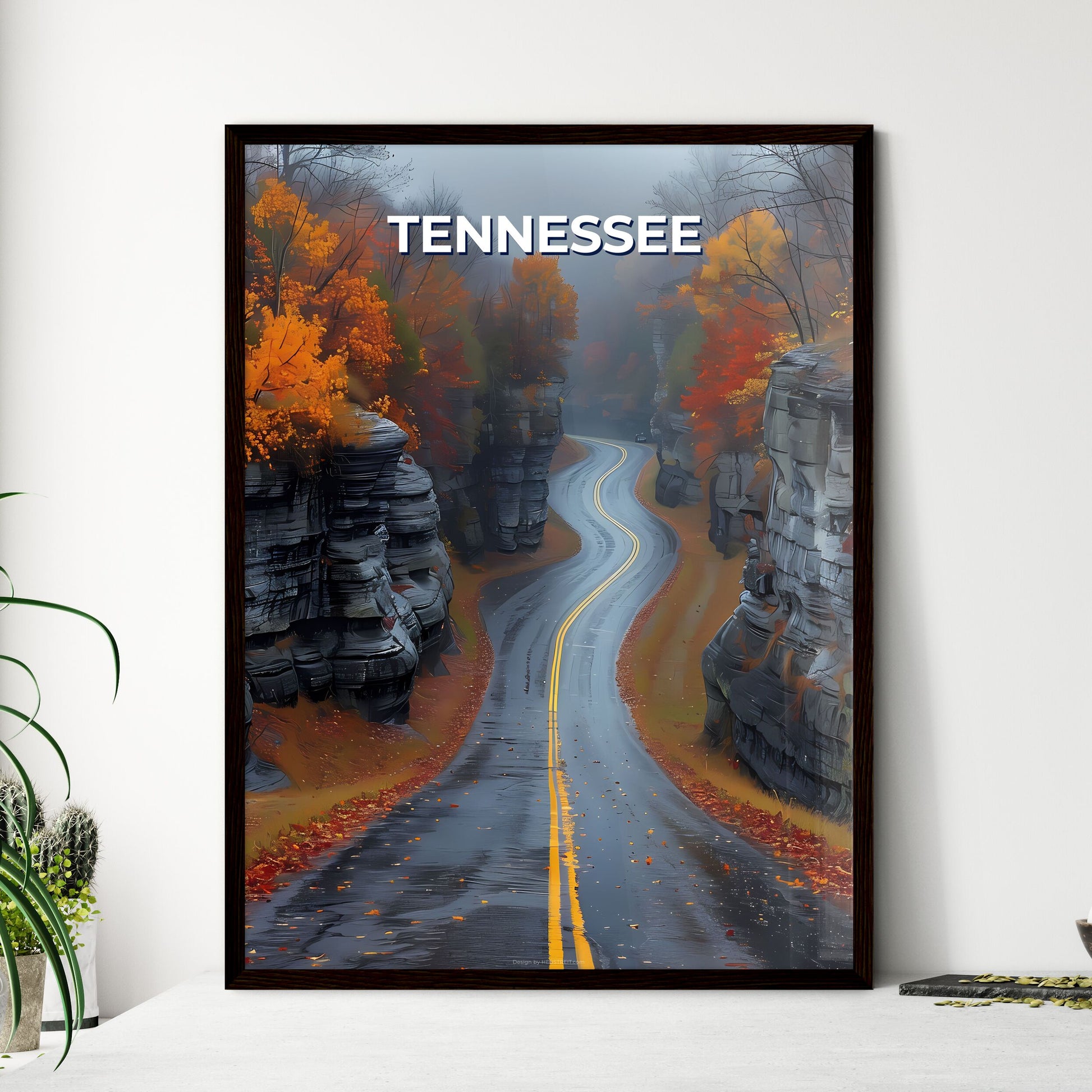 Vibrant Painted Road Scene Through Captivating Tennessee Canyon Landscape