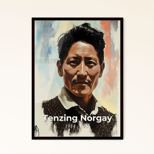 Portrait of Tenzing Norgay, 1914 - 1986. Impressionistic painting of a man with dark hair wearing a sweater.