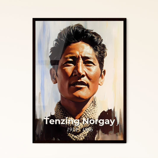 Portrait of Tenzing Norgay, 1914 - 1986. Impressionistic painting of a man with a scarf around his neck.