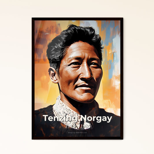 Portrait of Tenzing Norgay, 1914 - 1986. Impressionistic painting of a man with dark hair wearing a sweater.