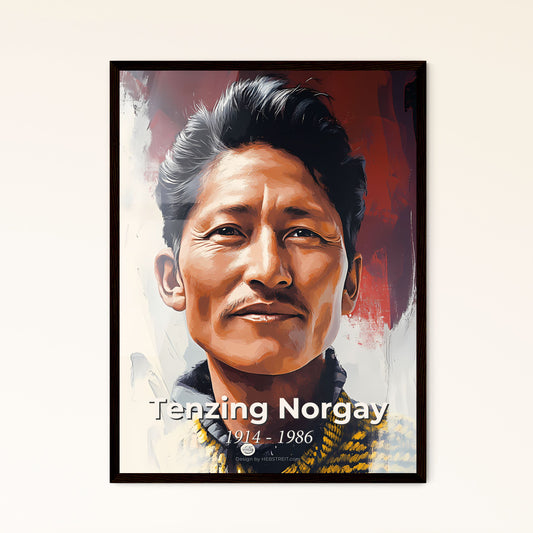 Portrait of Tenzing Norgay, 1914 - 1986. Impressionistic painting of a man with black hair and mustache.