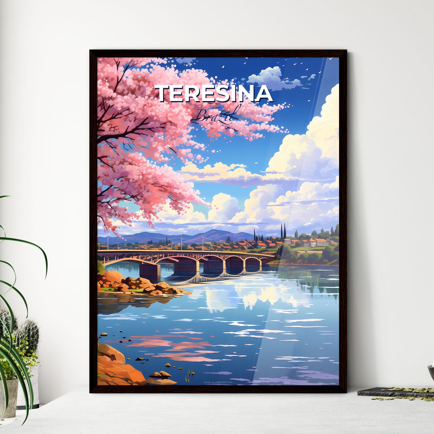 Vibrant Teresina Skyline Art: River Bridge with Pink Flowers Default Title