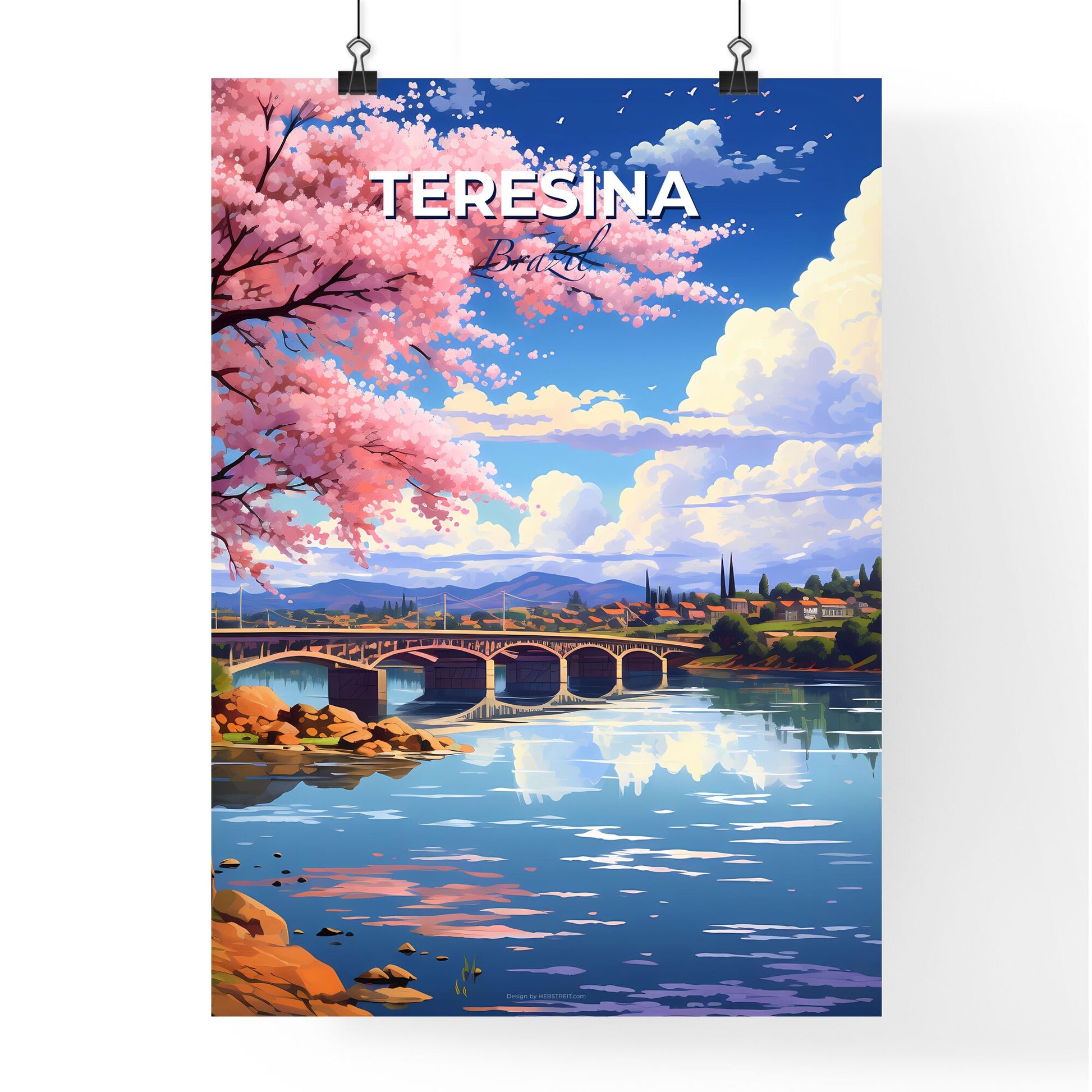 Vibrant Teresina Skyline Art: River Bridge with Pink Flowers Default Title