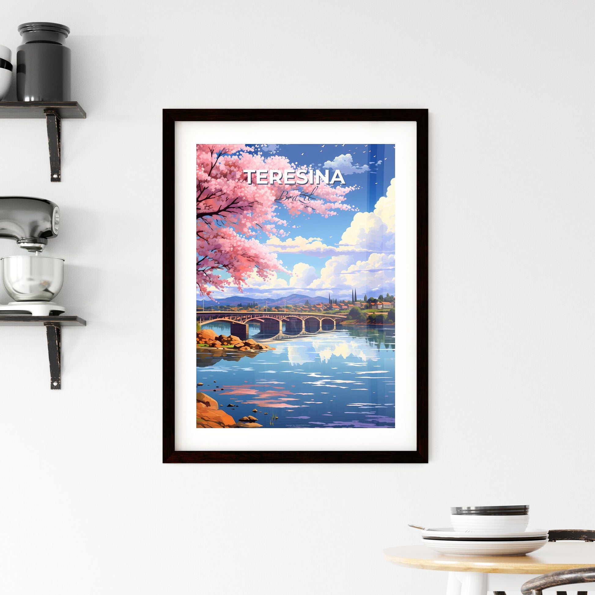 Vibrant Teresina Skyline Art: River Bridge with Pink Flowers Default Title