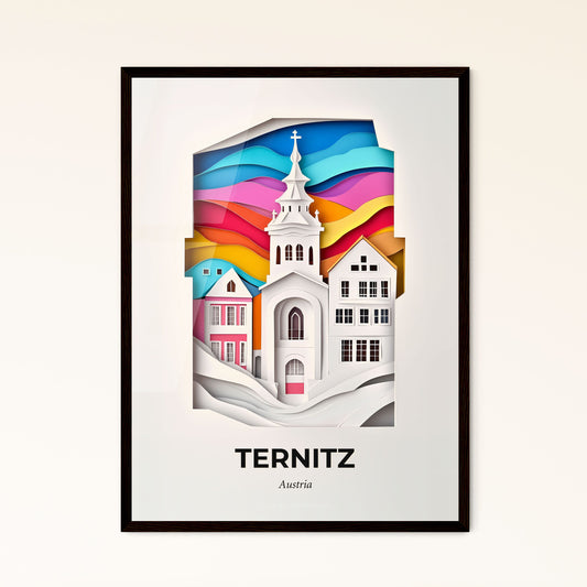 Vivid Ternitz, Austria - a paper cut of a church and a rainbow colored sky