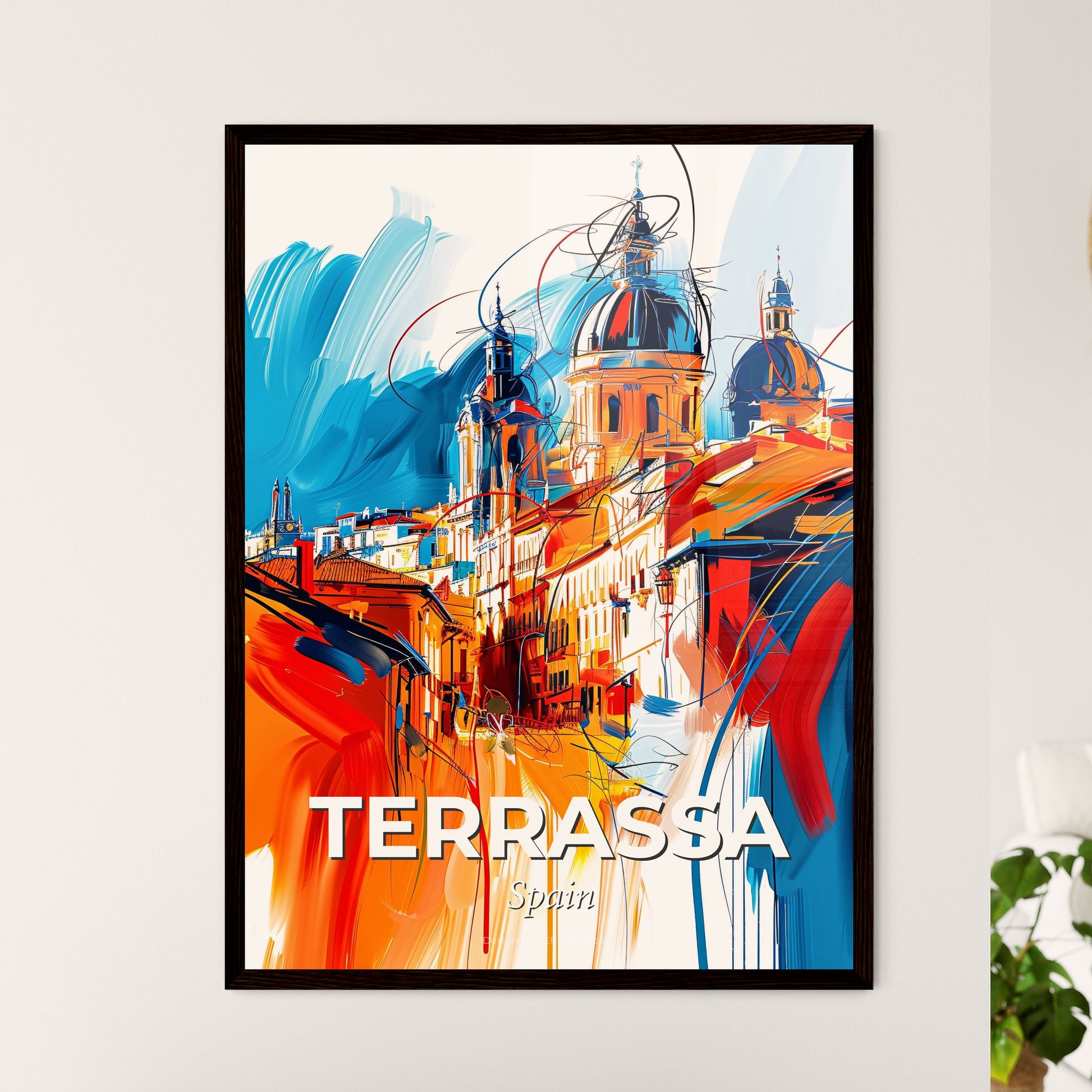 Vibrant Terrassa, Spain - A Painting Of A Building With A Dome And A Blue And Orange Background