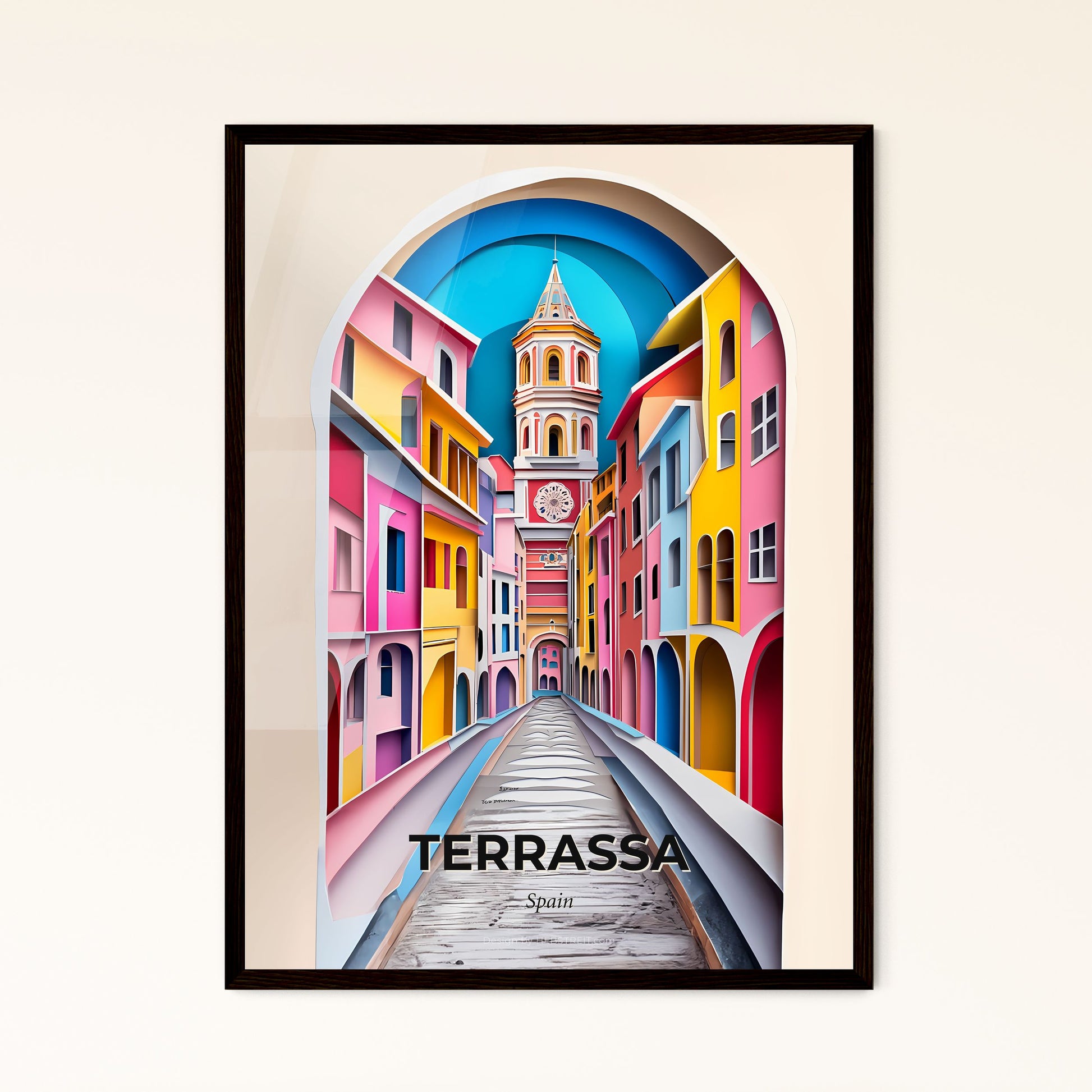 Vivid Terrassa, Spain - a colorful city street with a clock tower